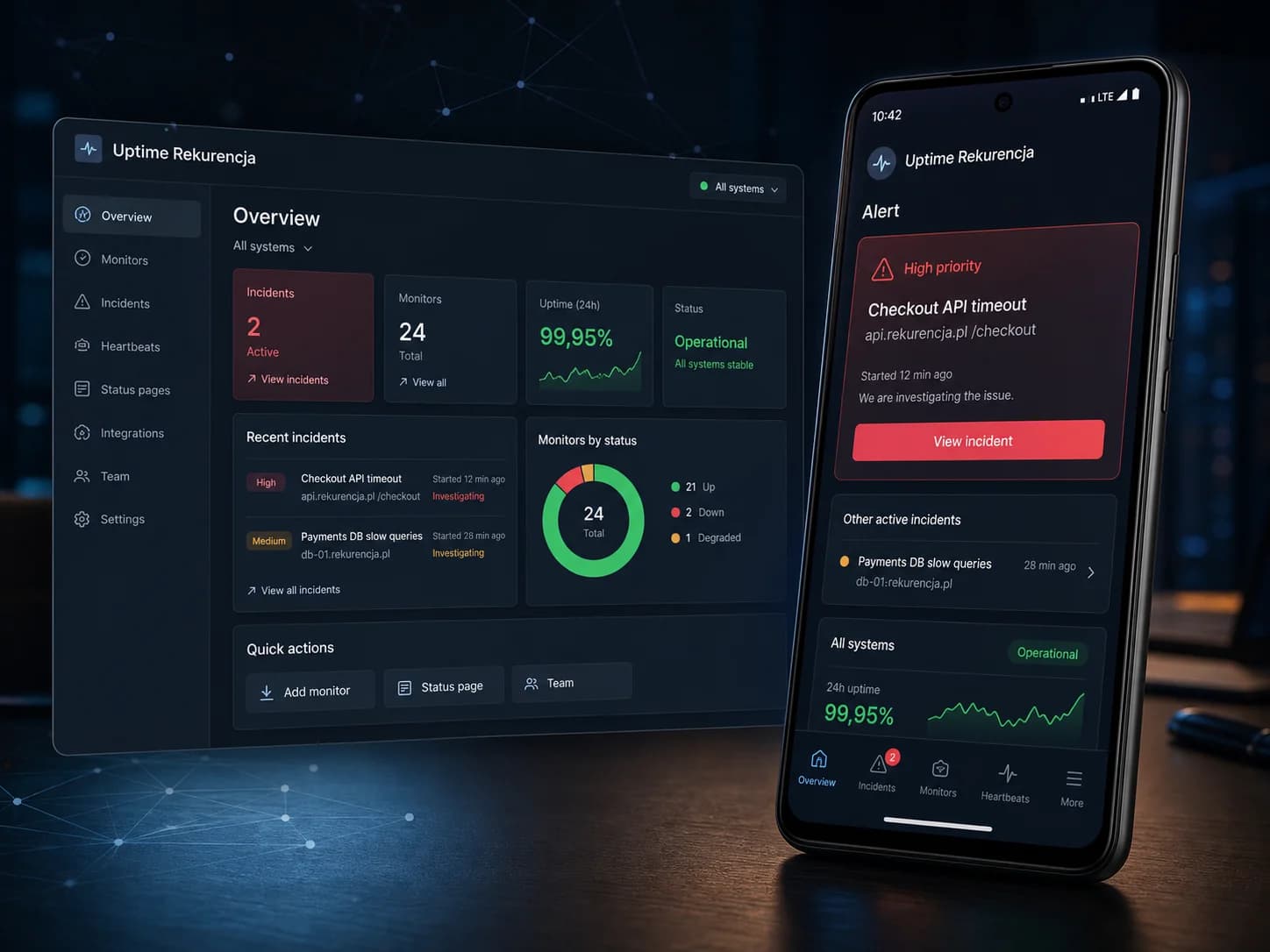 Aplikacja Android Uptime Rekurencja z powiadomieniem o wysokim priorytecie i panelem web.